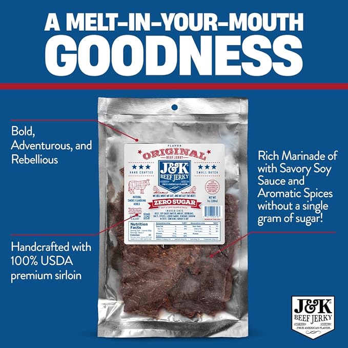 J&ampK Sugar-Free Original Beef Jerky - Real Premium Smoked Beef with Double Tenderness - Paleo &amp Keto Friendly Sourced &amp Made in California USA - 7oz (Pack of 2)