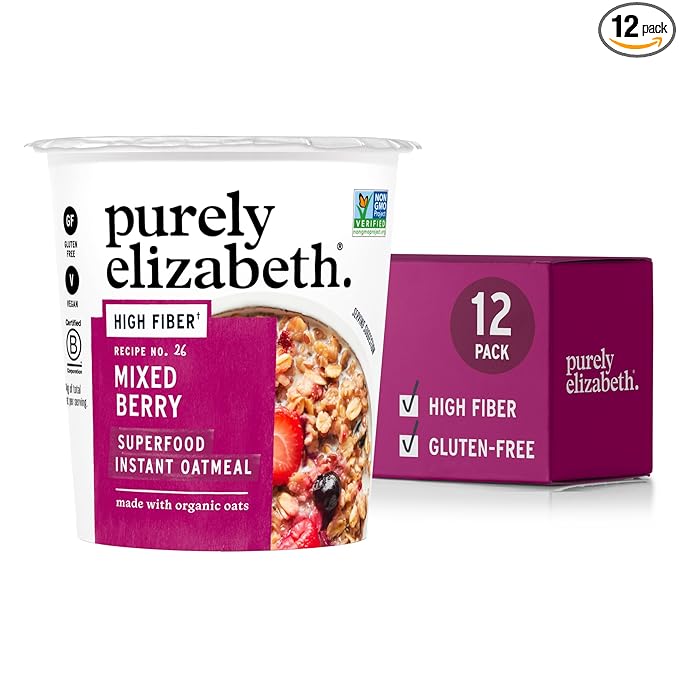 Purely Elizabeth Superfood Oatmeal Cup with Prebiotic Fiber Mixed Berry Vegan Friendly Organic Gluten Free &amp Non-GMO 1.76 Ounce (Pack of 12)