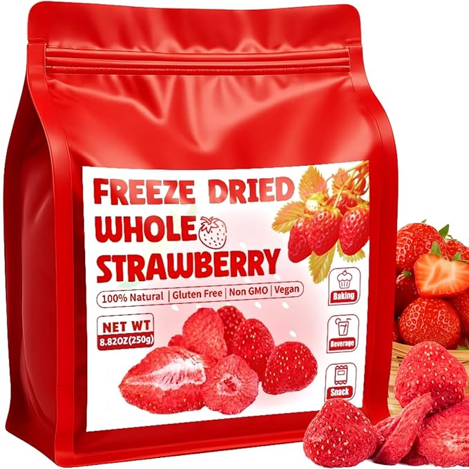 8.82OZ Whole Freeze Dried Strawberry - 100% Natural Strawberry with Sugar Vegan &amp NON GMO Dried Strawberries Perfect for Snack Beverages Baking Ice Cream Oatmeal(250g)