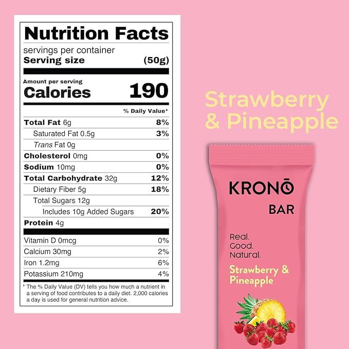 Krono Nutrition Energy Bar - Made with Natural Ingredients - Vegan - Gluten Free - Nuts Free - Soy Free - 50 gram per bars - 12 bars per box (12 count Strawberry &amp Pineapple)