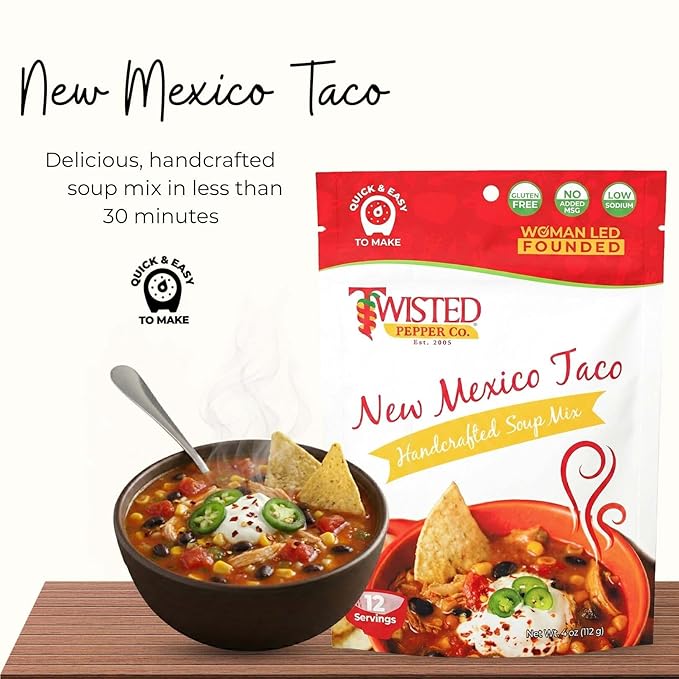 Twisted Pepper Co. New Mexico Taco: Gluten-Free – Handcrafted Soup – Thick Creamy &amp Zesty Flavor with a Kick of Green Chilies Quick &amp Easy Meal Ready in 30 Minutes Serves 12 Add Cheese B