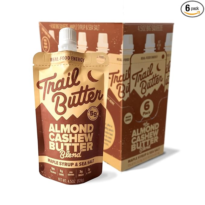 Trail Butter Big Squeeze Nut Butter Energy Pouches 4.5oz (6-Pack) – Real Food Endurance Fuel Protein Snack for Hiking Camping &amp Active Lifestyles – 20g of Protein per Pouch – Maple Syrup &amp