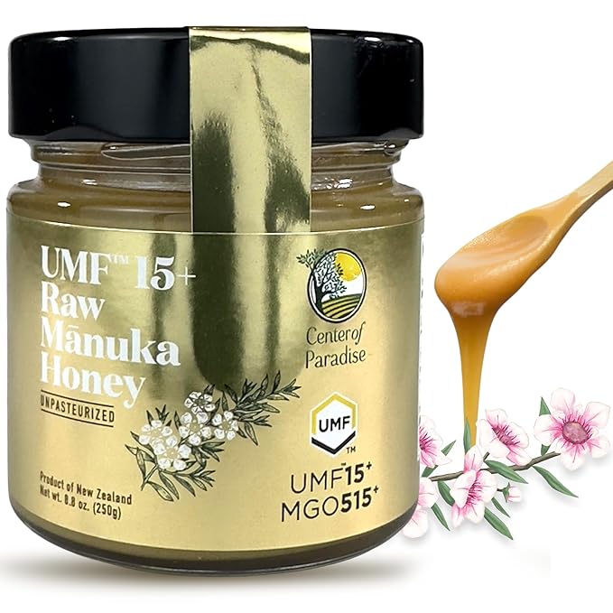 Center of Paradise Raw Manuka Honey Certified UMF 15+ | MGO 515+ (250g / 8.8oz) Glass Jar - Pure &amp Natural New Zealand Honey for Daily Immune Support and Wellness - Non GMO &amp Unpasteurized
