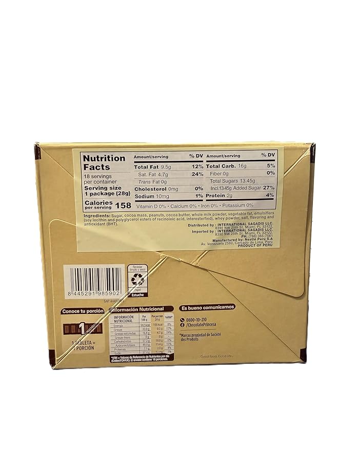 Princesaa - CHOCOLATE RELLENO CON CREMA DE MANI - 18 unit box 504g/1.11 lb
