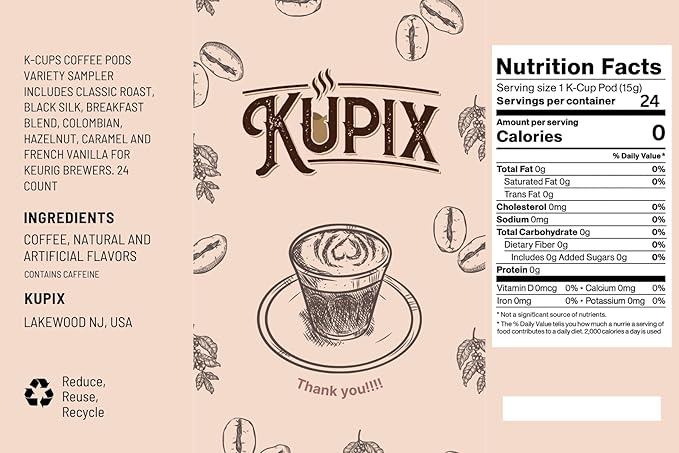 K-cups Coffee Pods Variety Sampler Includes Classic Roast Black Silk Breakfast Blend Colombian Hazelnut Caramel and French Vanilla for Keurig Brewers. 24 Count