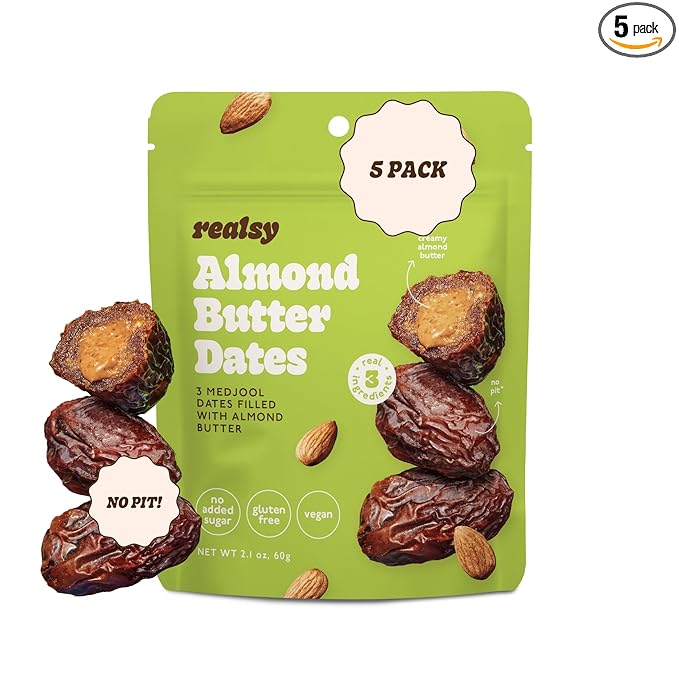 Realsy Pitted &amp Stuffed Medjool Dates Organic Dates with No Sugar Added Gluten-Free Vegan Good Source of Fiber Low Glycemic Index All Natural Healthy Snack (Almond Butter 5 Pack)