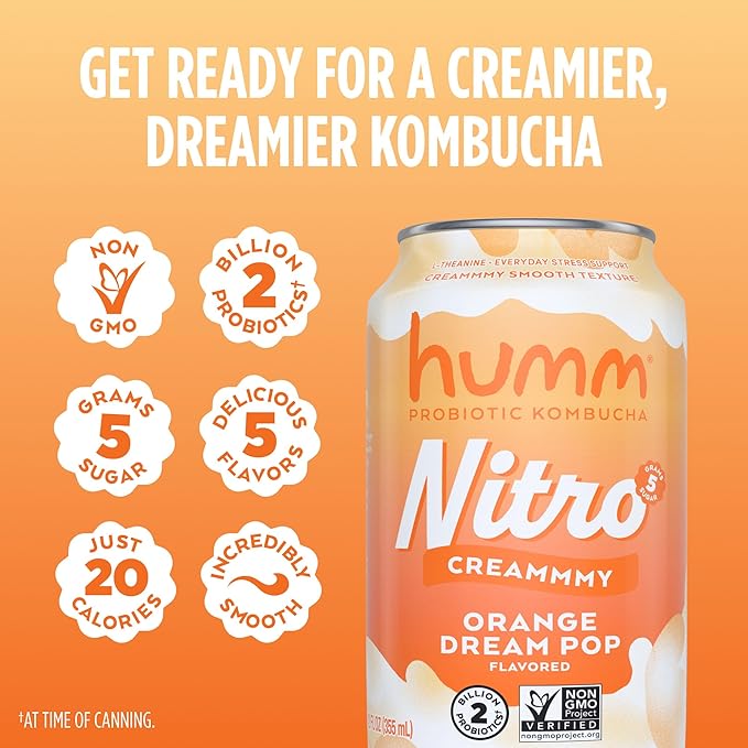 Humm Nitro Kombucha Orange Dream Pop Creamy Smooth Probiotic Drink with L-Theanine Non-GMO Vegan Gluten Free 12 fl oz (Pack of 12)