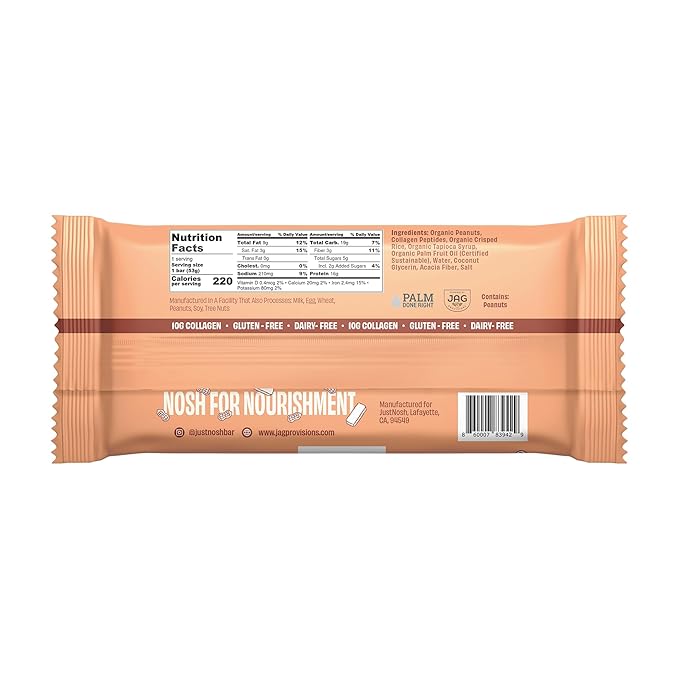 JUSTNOSH Peanut Butter Collagen Protein Bars – 16g Protein 10g Collagen | Gluten &amp Dairy Free Low FODMAP Seed Oil Free (12 Pack)