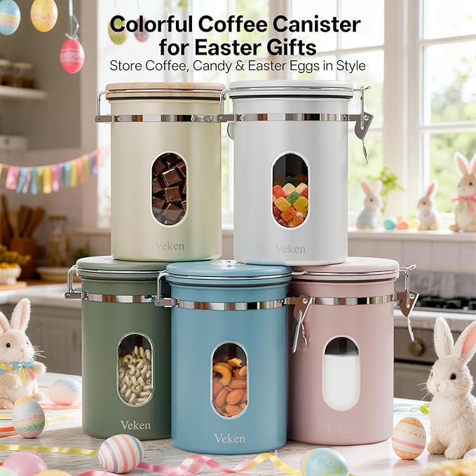 Veken Coffee Canister with Window Easter Gifts Airtight Stainless Steel Container with Lids Home Kitchen Food Storage Jars for Grounds Beans Tea Flour Cereal Sugar Basket Scoop 22OZ Green