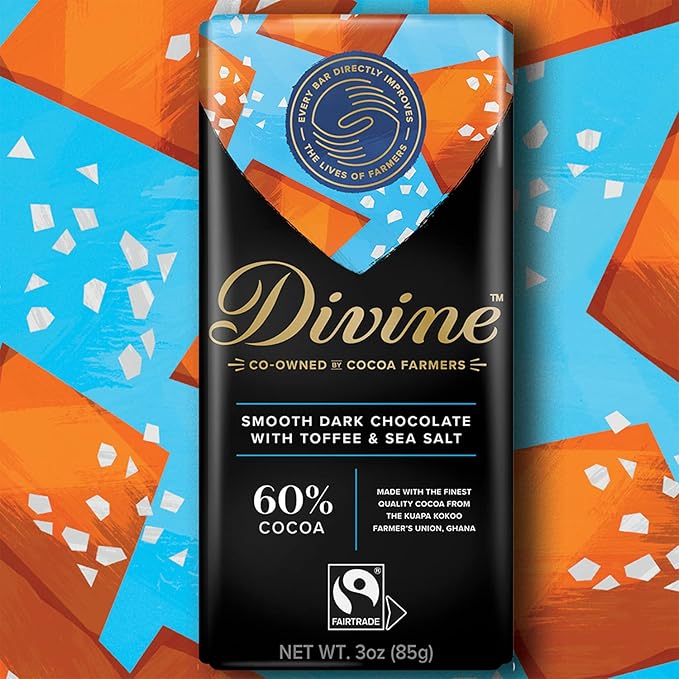 Divine Chocolate Bars - 60% Dark Chocolate with Toffee &amp Sea Salt - Made with Fairtrade Cocoa Natural Ingredients No Artificial Flavors | 3oz. Bars (12 Pack)