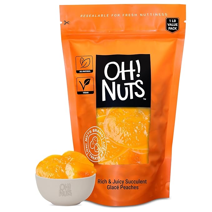 Oh! Nuts Glacé Peaches Rich &amp Juicy Succulent - 1 lb - Dried Fruit - Dehydrated Sweetened Chunky Glazed Candied Fruit Bites - Packed in New York Zip-Seal Bag for Exceptional Freshness