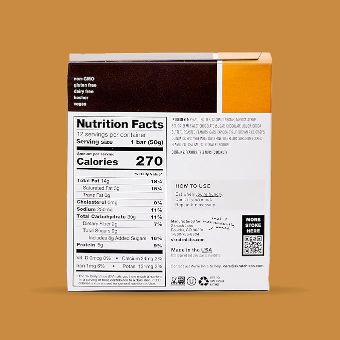 Skratch Labs Energy Bar | Peanut Butter + Chocolate (12 Pack) | Plant Based Healthy Snack | Low Sugar - 5g Protein | Non-GMO Gluten Free Soy Free Vegan Kosher