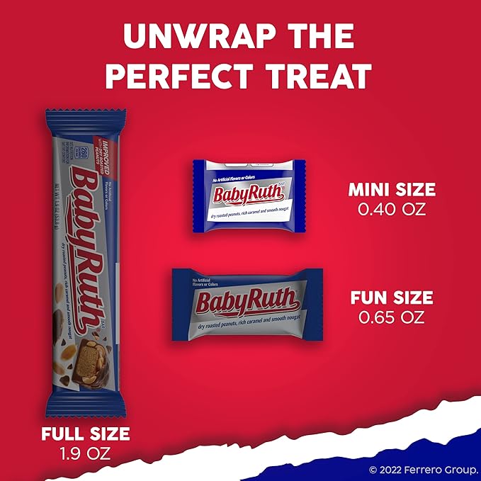 Baby Ruth Chocolatey Peanut Caramel Nougat Minis Individually Wrapped Candy Bars Resealable Share Size 9.6 oz 8 Pack
