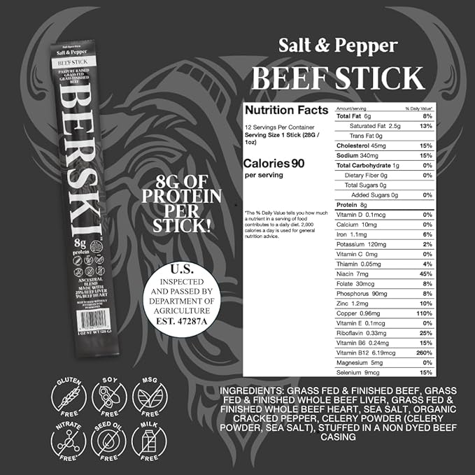 BERSKI Bundle Salted + Salt &amp Pepper Beef Sticks – 100% Grass-Fed Grass-Finished – Ancestral Blend with Liver &amp Heart – Keto Paleo – Regeneratively Raised USA Beef – 2 Pack (1oz Sticks)