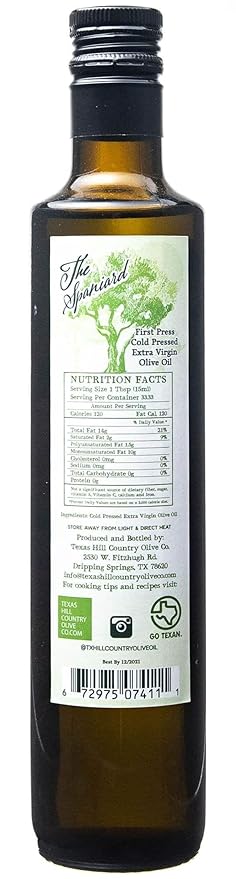 Texas Hill Country Olive Co Spaniard Extra Virgin Olive Oil - Cold Pressed EVOO Gourmet Olive Oil - Rich &amp Fruity - Perfect for Finishing &amp Dressing - Award Winning &amp Made in Texas (16.9 F