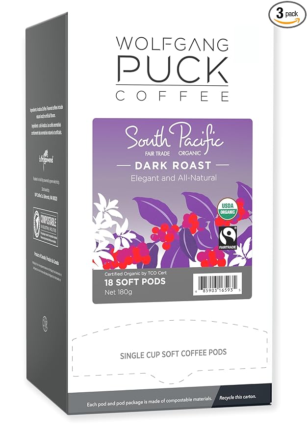 Wolfgang Puck Coffee Organic South Pacific Dark Fair Trade 9.5 Gram soft Pods 18 Count (Pack of 3)