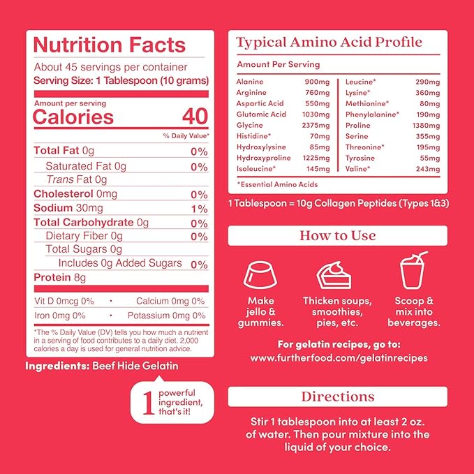 Further Food Premium Gelatin Powder – Unflavored Grass-Fed &amp Pasture-Raised Beef Hide Non-GMO Sugar-Free Keto &amp Paleo Friendly 15.87 oz