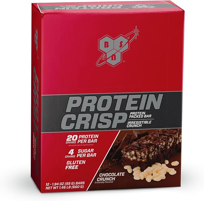 BSN Protein Crisp Bar Chocolate Crunch 20 Gram Protein Snack Bars with Whey and Fiber Gluten-Free Crunchy Energy Bars for Workout Fitness On-the-Go 12 Count