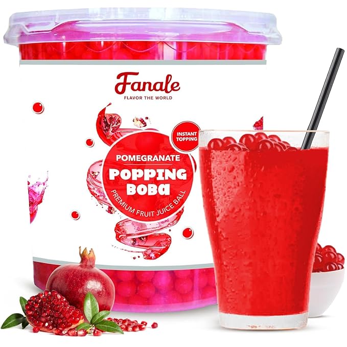 Fanale Pomegranate Popping Boba Pearls Vegan Non GMO Gluten Free Fat Free Perfect for Bubble Tea Smoothies Ice Cream Desserts and Beverages.