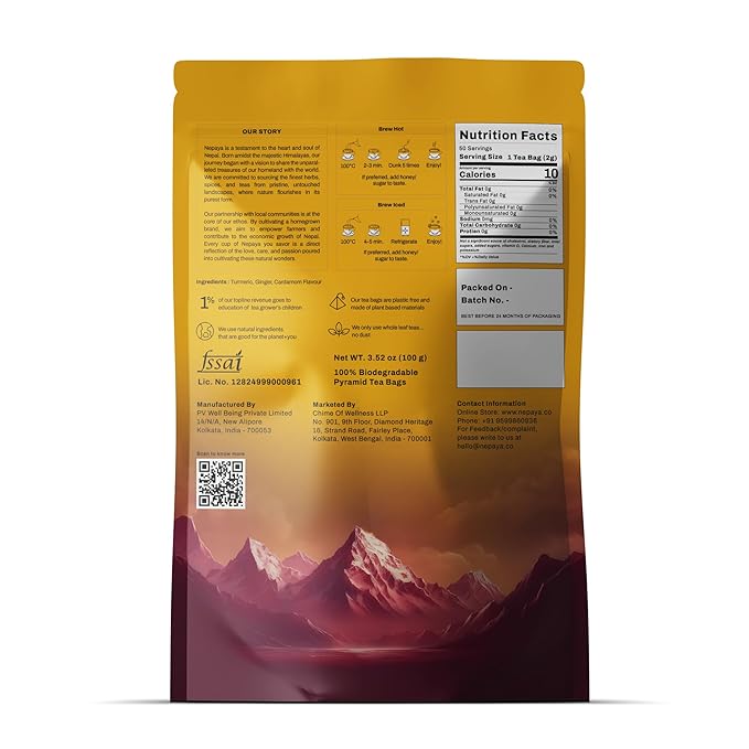 Turmeric Ginger Herbal Tea Bag 50 Count Pyramid Tea Bags From the Himalayas Caffeine Free Gluten Free warm and spicy Taste biodegradable Tea Bags