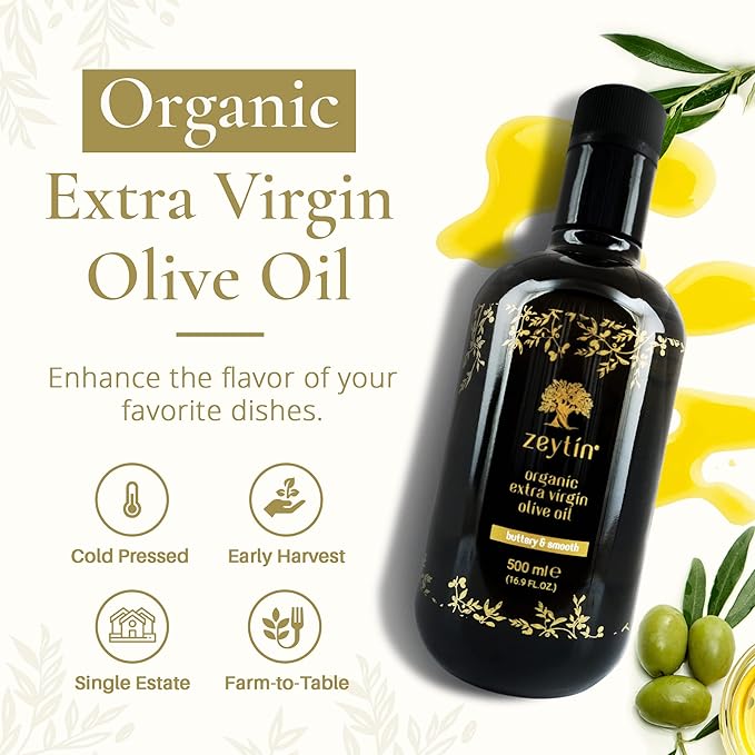 Zeytin Organic Olive Oil Extra Virgin - GOLD MEDAL &amp Early Harvest - Fresh 2024 Harvest Bottled in Jan 2025 - New Luxury Packaging - Keto &amp Cold Pressed - Buttery &amp Smooth (16.9fl oz - 1