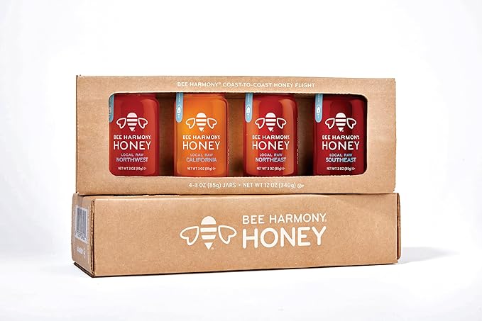 Bee Harmony Coast-to-Coast Honey Flight Mini Honey Gift Set 4 Jars 3 OZ Each Premium Raw Made in the USA