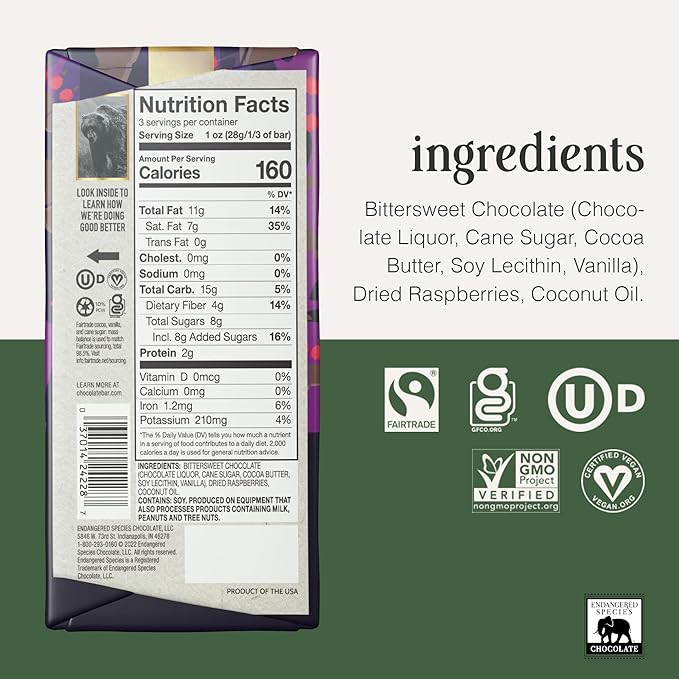 Endangered Species Dark Chocolate Bar with Raspberries (72% cocoa)