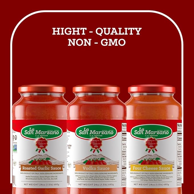 La San Marzano Variety Pack Vodka Four Cheese Roasted Garlic Sauce 24 oz Pasta Sauce Made in Italy All Purpose Tomato Premium Quality All Natural Non GMO Gluten Free