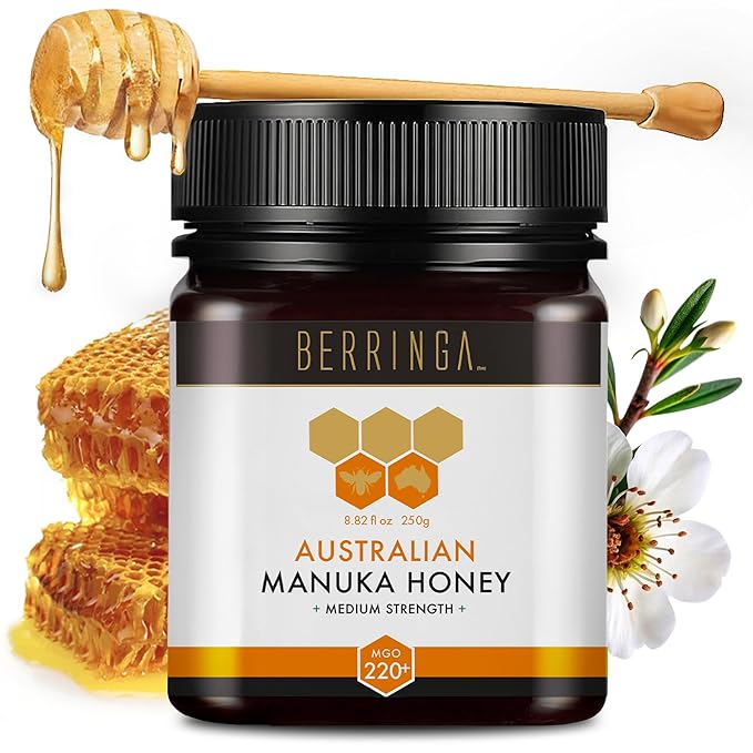 Berringa Manuka Honey Organic MGO 220+ Medium Strength Supports General Wellbeing &amp Digestive Balance - 100% Raw Pure &amp Unfiltered Sustainably Sourced from Australia - (8.82 oz)