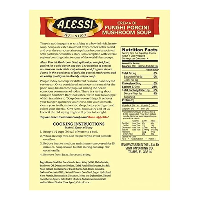 Alessi Autentico Premium Soups Traditional Flavors 4oz (Porcini Mushroom Pack of 6)