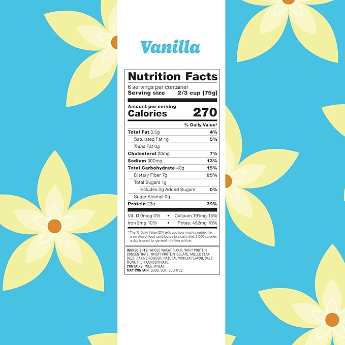 Flourish Protein Pancake &amp Waffle Mix with Whey Protein &amp Flax Seed No Added Sugar High in Protein &amp Fiber - Just Add Water - Vanilla Flavour 430g (3 Pack) - Made in Canada