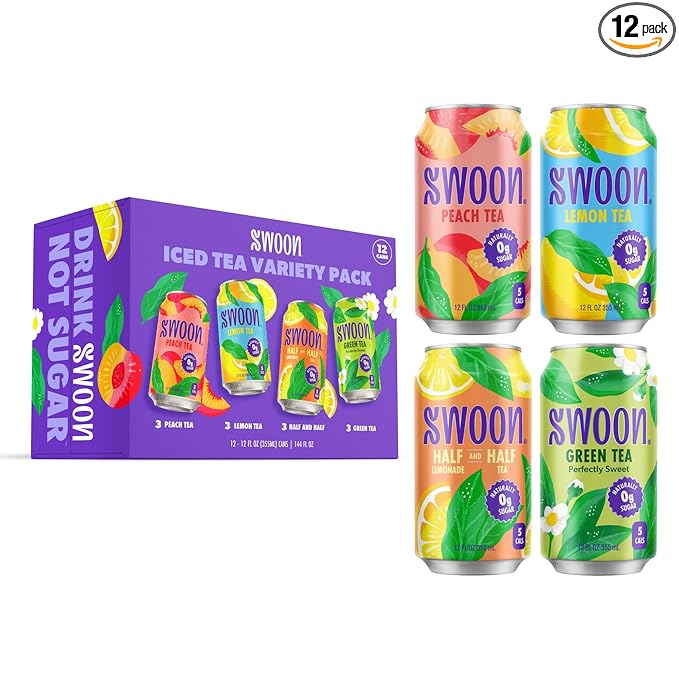 Swoon Iced Tea Variety Pack - Low Carb Paleo-Friendly Gluten-Free Keto Drink - Half + Half IcedTea Lemonade Peach Iced Tea and Lemon Tea - 12 fl oz (Pack of 12)