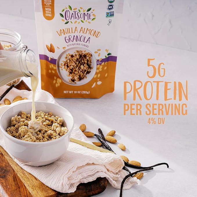 Oatsome Granola Variety Pack - Berry Coconut (6g Protein) Vanilla Almond (5g Protein) Blueberry (10g Protein) Hot Honey (5g Protein) - Gluten Free Organic Oats 10 Oz Bags