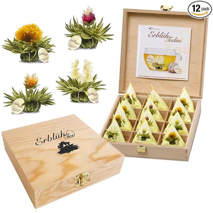 Creano Blooming Tea - Teelini Flowers in Cup Size - Gift Set in Wooden Box - 12 Pcs in 4 Varieties - White Tea