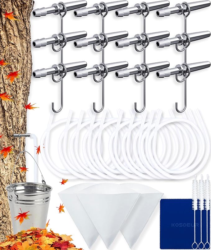 42Pcs Maple Syrup Tapping Kit Maple Tree Tapping Kit with 12 Metal Maple Syrup Spiles 12 Maple Syrup Tubes 12 Hooks 3 Maple Sap Filters Tree Tapping Kit for Maple Syrup Making Equipment