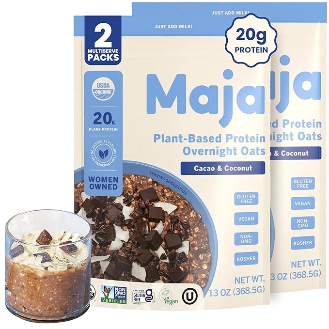Maja Organic Plant-Based Protein Cacao &amp Coconut Overnight Oats 13 oz Multi-Serve (2-Pack) | 20g Protein Vegan Gluten-Free Instant Oatmeal | Quick &amp Filling Breakfast with Clean Ingredients