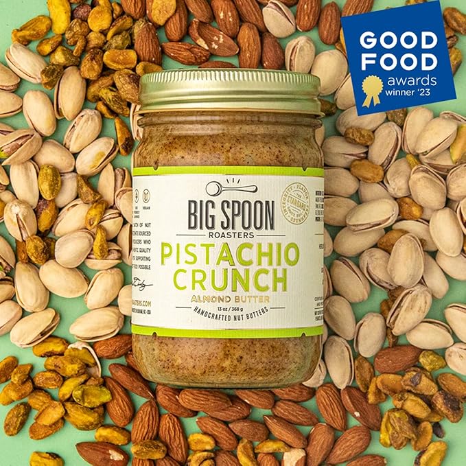 Big Spoon Roasters Almond &amp Pistachio Butter w/Raw Honey &amp Sea Salt - Keto Friendly Low Sugar Almond Butter - Crunchy Pistachio Butter w/Bee-Friendly Almonds - Gourmet Vegan Nut Butter - 26