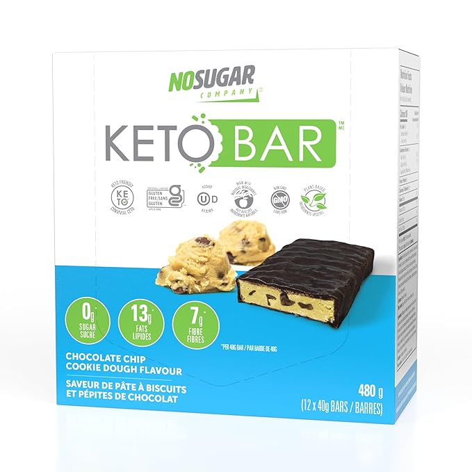 No Sugar Keto Bar Snack - Low Carb No Sugar Keto Snack Food with Keto Friendly Macros (12 x 1.41oz Bars Chocolate Chip Cookie Dough)