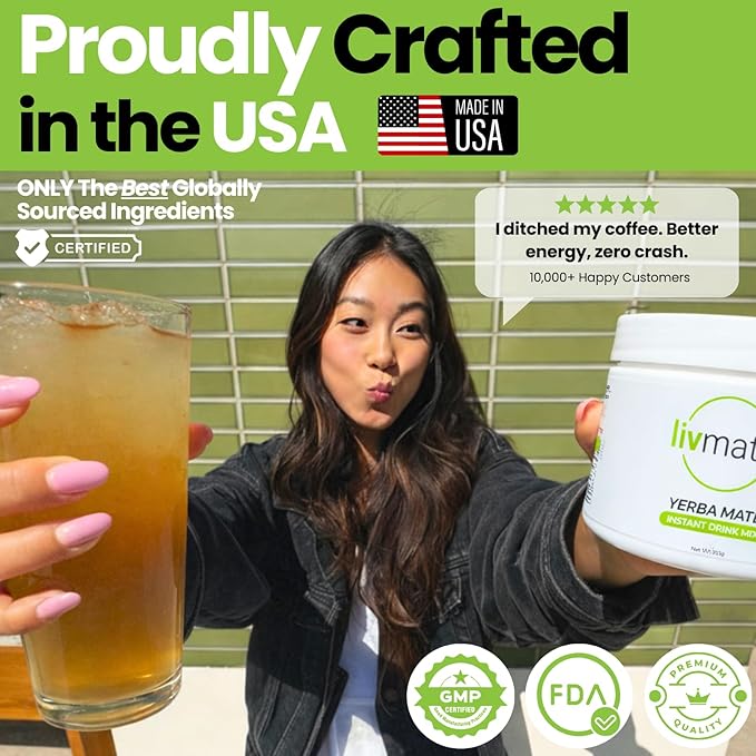 LivMatte Yerba Mate Instant Tea Powder-Natural Caffeine Flavored Drink Mix Sugar-Free Clean Energy Mental Focus + Wellness Support I 30 Servings (Lemon) | Natural Flavored Plant Extract Caffeine