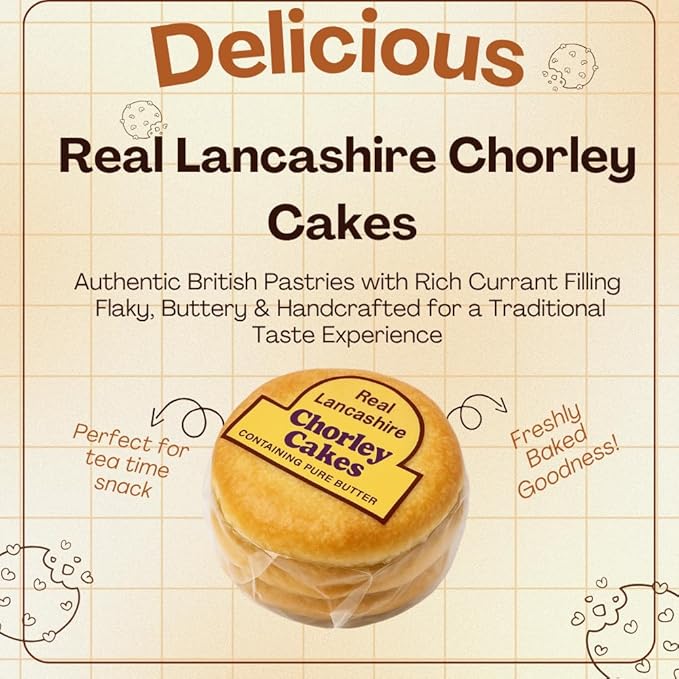 Real Lancashire Chorley Cakes | Infused with Pure Butter &amp Currants in Shortcrust Pastry | Delicious British Fly Pie | Tasty Addition to Tea Time or Snack Break | 9.17 Oz | 4 Cakes (Pack of 4)