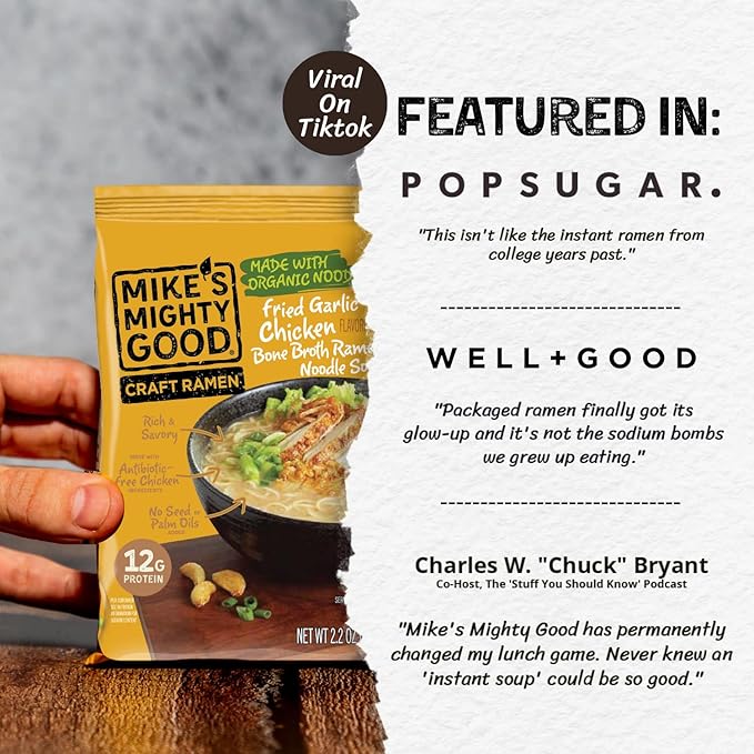 Mike’s Mighty Good Fried Garlic Chicken Ramen Noodles Bone Broth Pillow Pack (Pack of 7) – 12g Protein Healthy Instant Ramen – Organic Steamed Non-GMO Seed Oil-Free – Rich Antibiotic Free Chicken