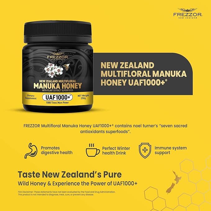 FREZZOR Premium Raw Multifloral Manuka Honey New Zealand with UAF1000+ Super Antioxidant 1000x More Power Best Support for Everyday Wellness Probiotic Antioxidant Superfood 6 Jars (52.8oz/1500g)