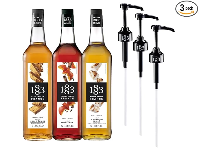 1883 Gingerbread Pumpkin Spice Toasted Marshmallow Syrups with Pumps (Winter Holiday Flavors) for Drinks – 1 Liter Glass Bottles (Pack of 3)