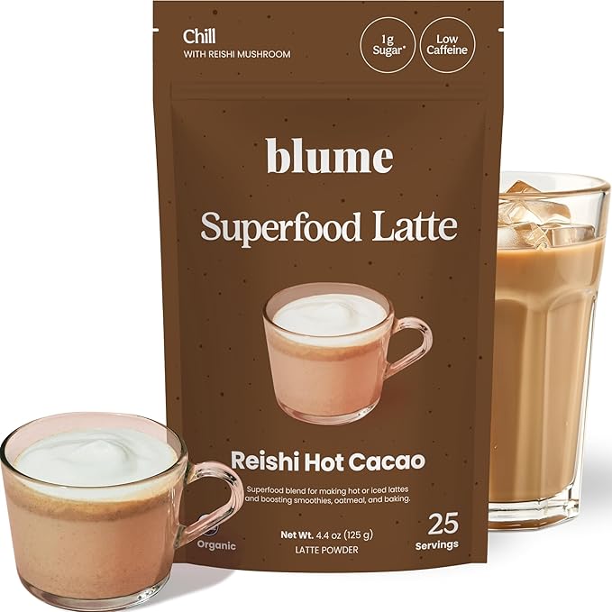 Blume Superfood Latte - Reishi Hot Cacao Powder Mushroom Powder Soothing Superfoods Latte with Brain support Organic Cocoa Mushroom Coffee Enhancer - Organic Vegan And Keto Friendly - 25 Servings