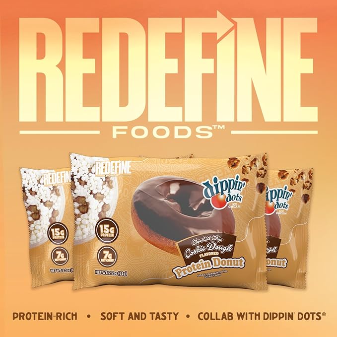 Redefine Foods Dippin' Dots Protein Donut - 8 Count - Chocolate Chip Cookie Dough Flavor - 15g of Protein Per Serving - No Artificial Ingredients