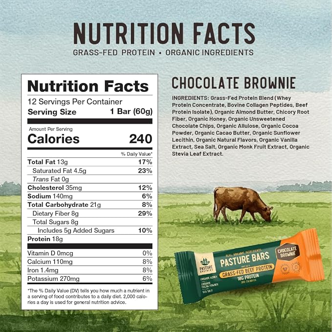 Pasture Brothers Grass-Fed Protein Bars - 18g Protein Seed Oil Free &amp Gluten Free - Clean Energy Snack with Organic Ingredients No Artificials (12-Pack Chocolate Brownie)