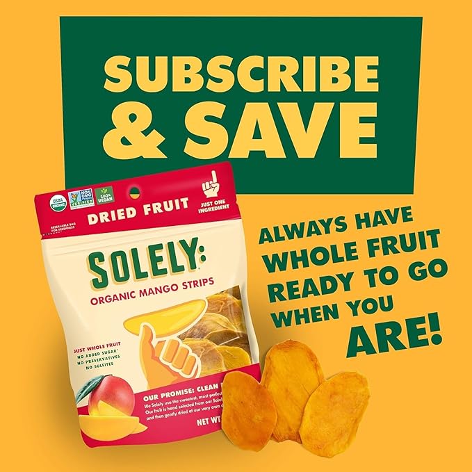 SOLELY - Organic Dried Mango Strips with Chili and Salt (2.8 oz Resealable Bags Pack of 4) Real Fresh Fruit - Healthy Snacks for Adults &amp Kids - Non GMO Vegan Snacks Shelf Stable - 4 Bags (11.2