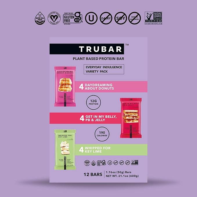 TRUBAR Vegan Protein Bar Variety Pack Assorted Flavors Donuts PB &amp Jelly Key Lime Gluten Free Vegan Protein Snacks 12G Plant-Based Protein High Fiber Healthy Protein Bars 12 CT