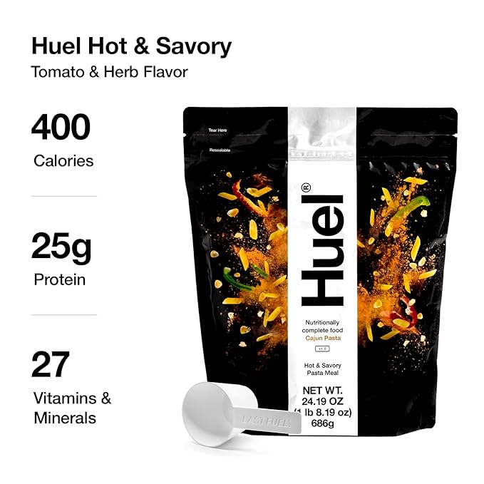 Huel Hot and Savory Instant Meal Replacement - Cajun Pasta - 14 Scoops Packed with 100% Nutritionally Complete Food Including 25g of Protein 6g of Fiber and 27 Vitamins and Minerals