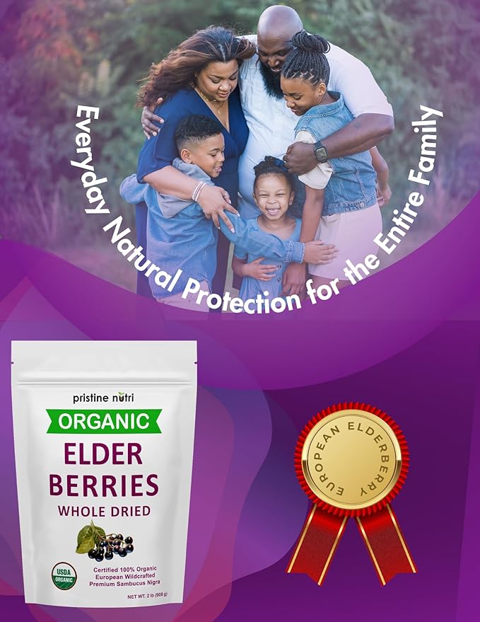 Organic Elderberries Dried Bulk | Whole European Elderberry Dried Wildcrafted All Natural | Non-GMO Non-irradiated | Immunity Booster Antioxidants and Vitamins | Make Syrup Tea| 2 lb (32 oz)